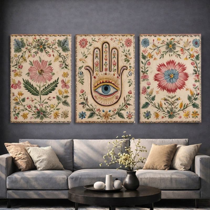 Kit 3 Quadros Decorativos Boho Floral Mão Olho Místico Arte Étnica Parede