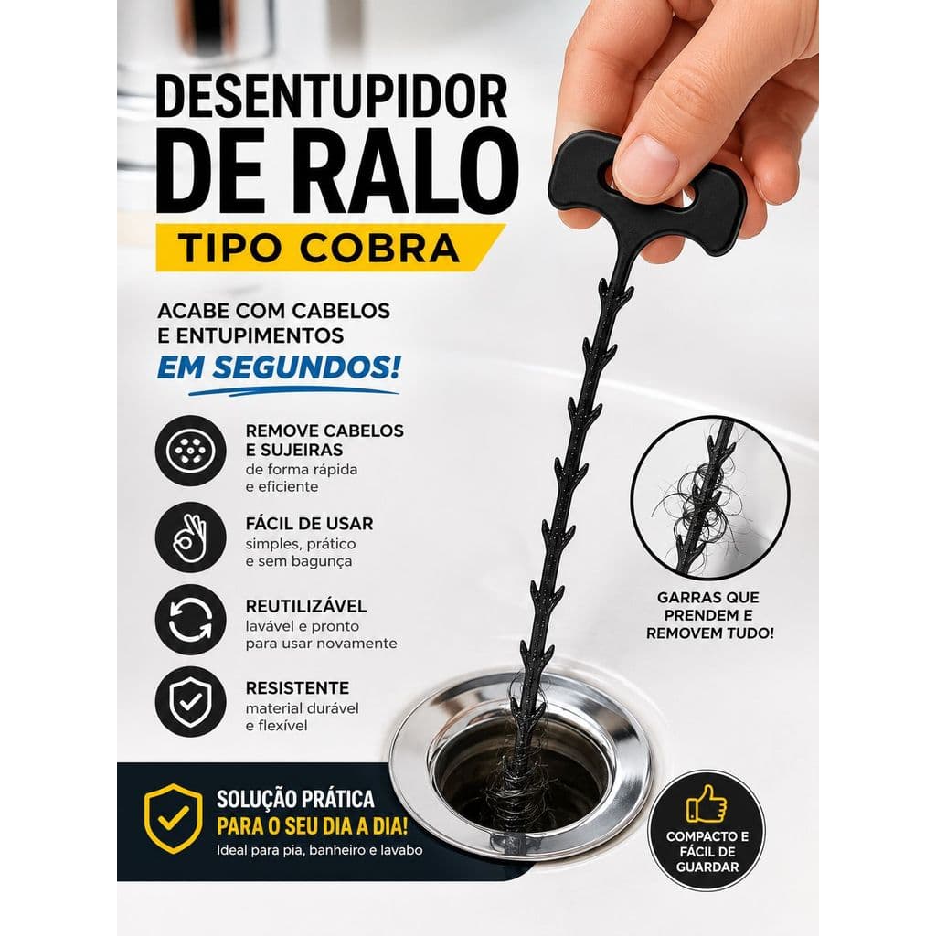 Desentupidor de Ralo Tipo Cobra 20cm Removedor de Cabelo Pia Banheiro Lavabo Reutilizável