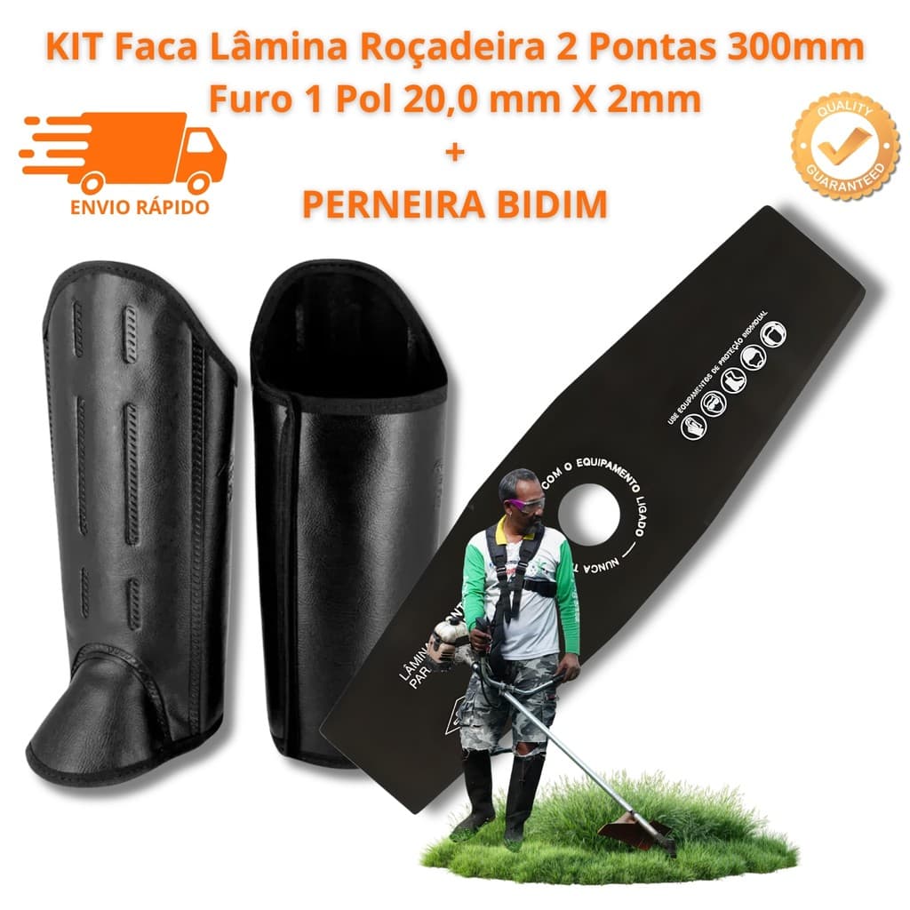 KIT ROÇADOR FACA LÂMINA ROÇADEIRA 2 PONTAS 300mm + PERNEIRA BIDIM 3 TALAS ANTIPICADAS PREMIUM