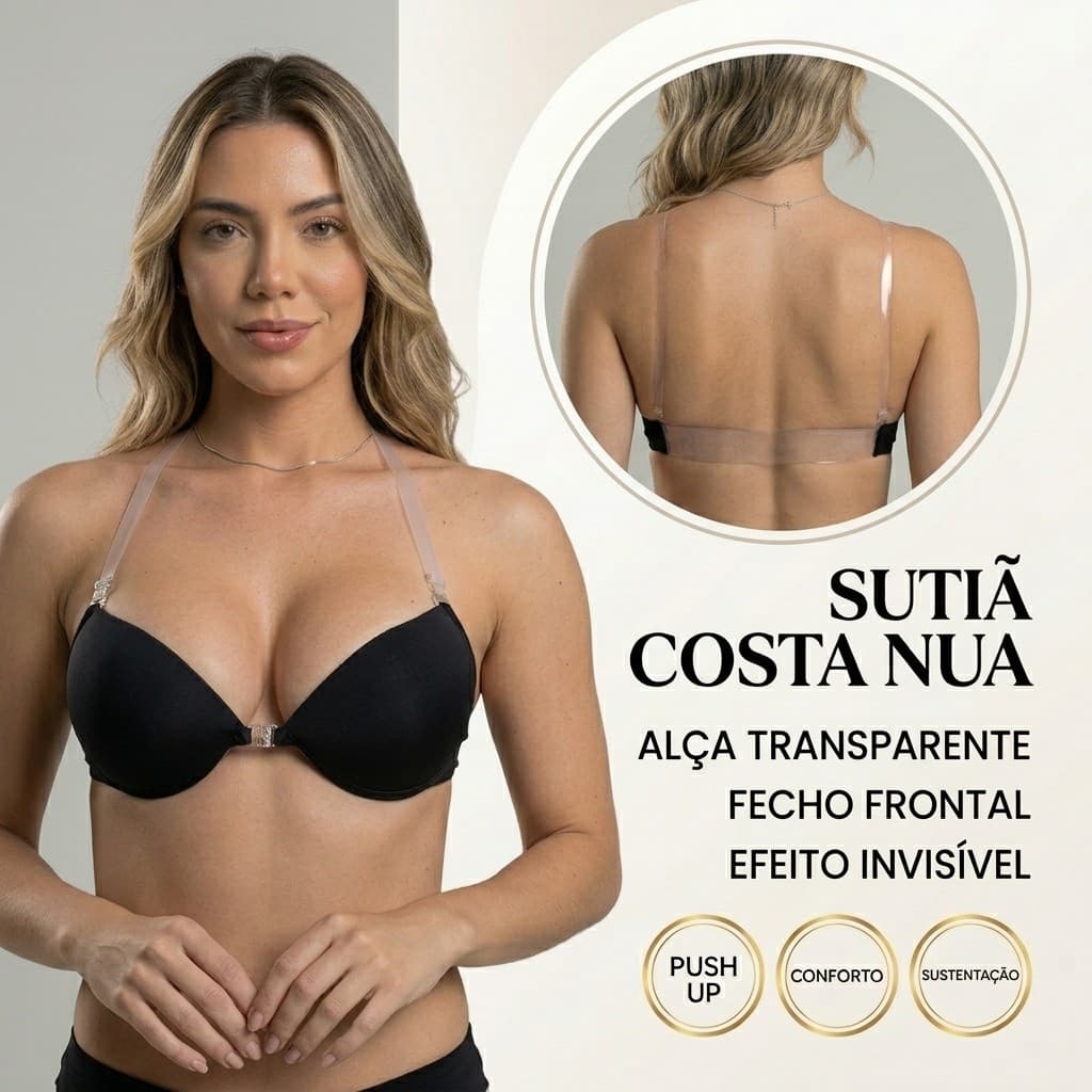 Sutian Costa Nua Com Alça de Silicone Discreto Regulável Removível com Bojo Sutiã Preto Nude Branco