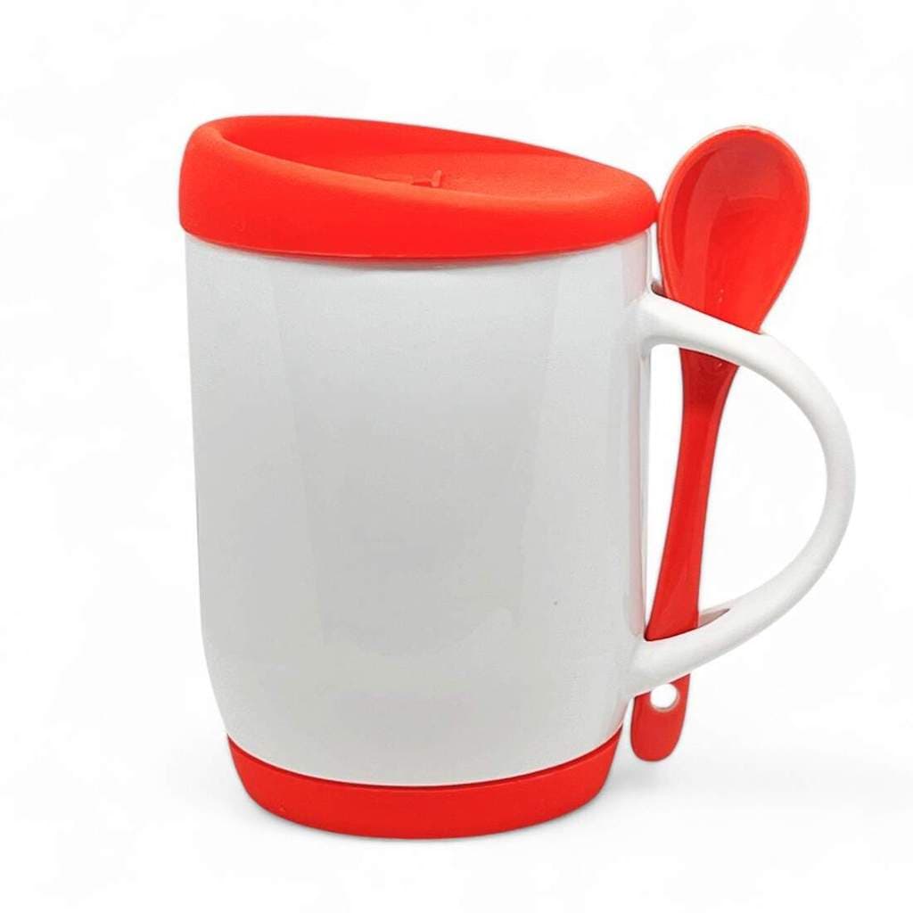 Caneca de Cerâmica Branca e Colher Vermelha com Tampa e Base em Silicone para Sublimação - 325ml