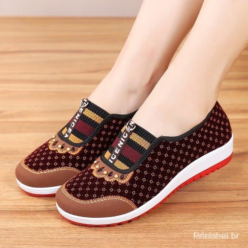 Sapato De Pano Feminino Flexível Antiderrapante Sola De Meia Idade Casual Para Idosos