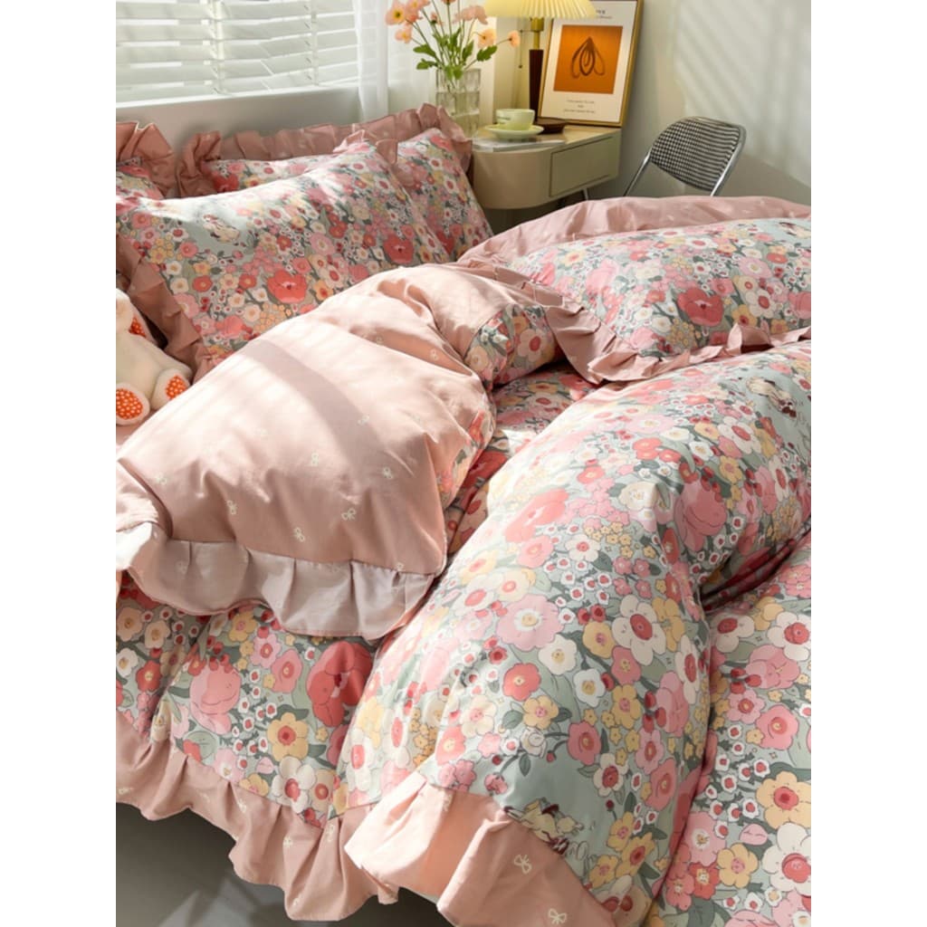 Verão fresco algodão pequeno Floral puro algodão conjunto de quatro peças lençol 1.8m ins estilo fada cama