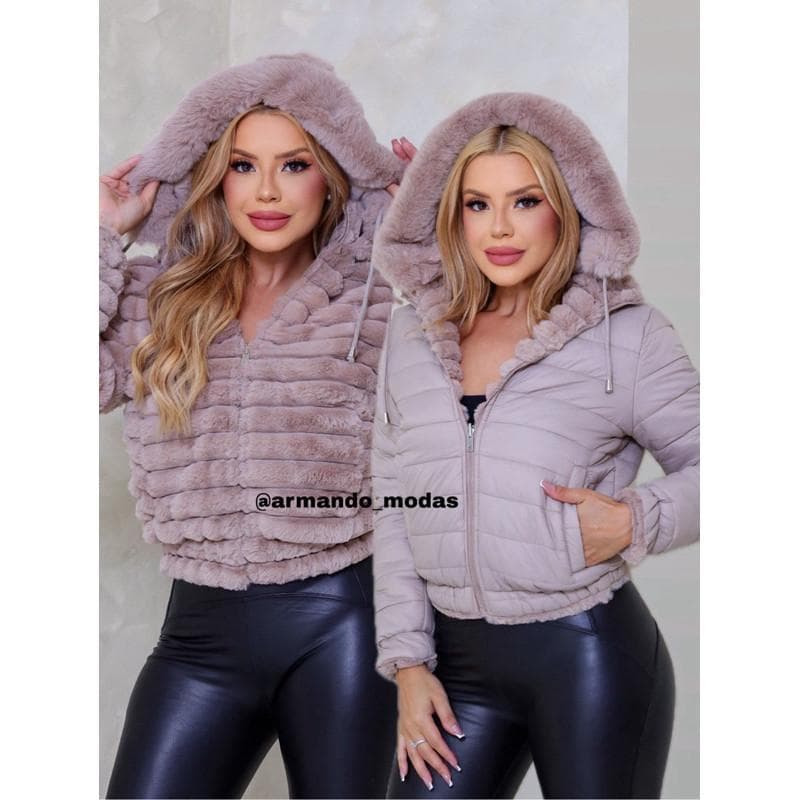 Jaqueta de plumas reversível com capuz removível duplaface