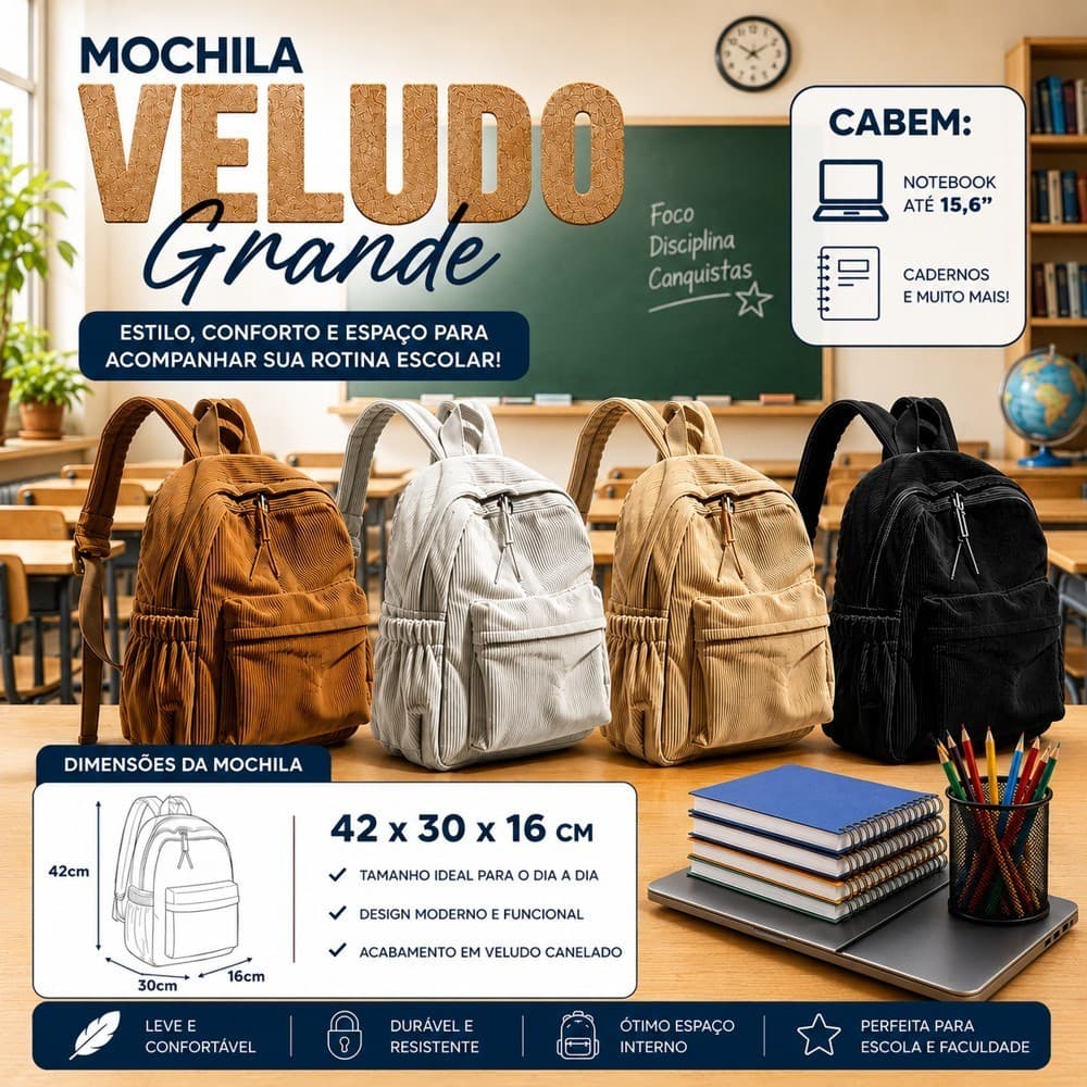 Mochila De Veludo grande casual 42X30X16 Escolar  Portátil Leve bolsa Cor Sólida Para Estudantes De Grande Capacidade