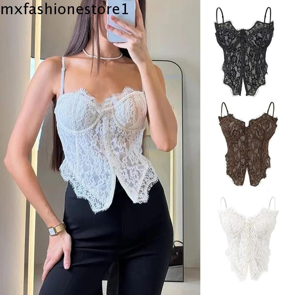 MXFASHIONE Camisola De Renda , Espartilho Sem Mangas Slim fit , Colete Suspensor De Espinha De Peixe Transparente Femini