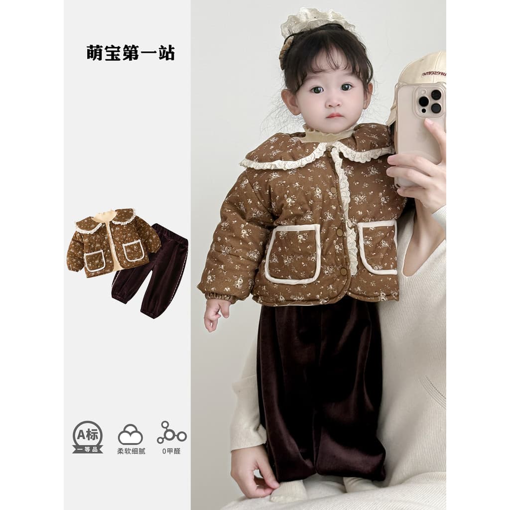 Versão coreana roupas de bebê menina outono inverno mais terno de veludo um ano de idade bonito Super bonito princesa te