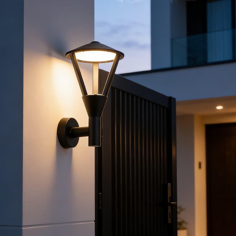 Arandela externa impermeável metal preto formato de lanterna para jardim e entrada de casa moderna