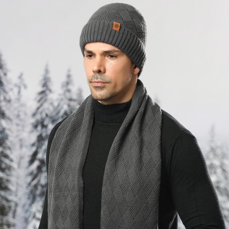 Conjunto de Inverno Masculino de Duas Peças: Gorro de Lã Tricotado de Dupla Camada + Cachecol, Resistente ao Frio e Quen