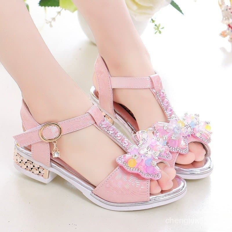 Sandália Infantil Menina Elegante Laço Elsa Princesa Salto Alto Sapatos de Cristal Festa de Casamento