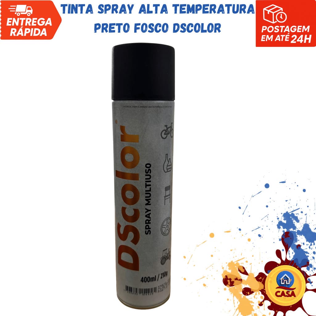 Tinta Spray Alta Temperatura 600°C Preto Fosco DSColor 300ml para Metais e Escapamentos