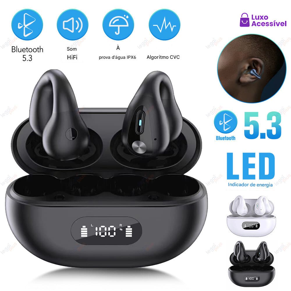 Fone de Ouvido Esportivo Bluetooth 2026 | Clip Auricular, Não Intra-auricular, Autonomia Extra-Longa, Sem Vazamento