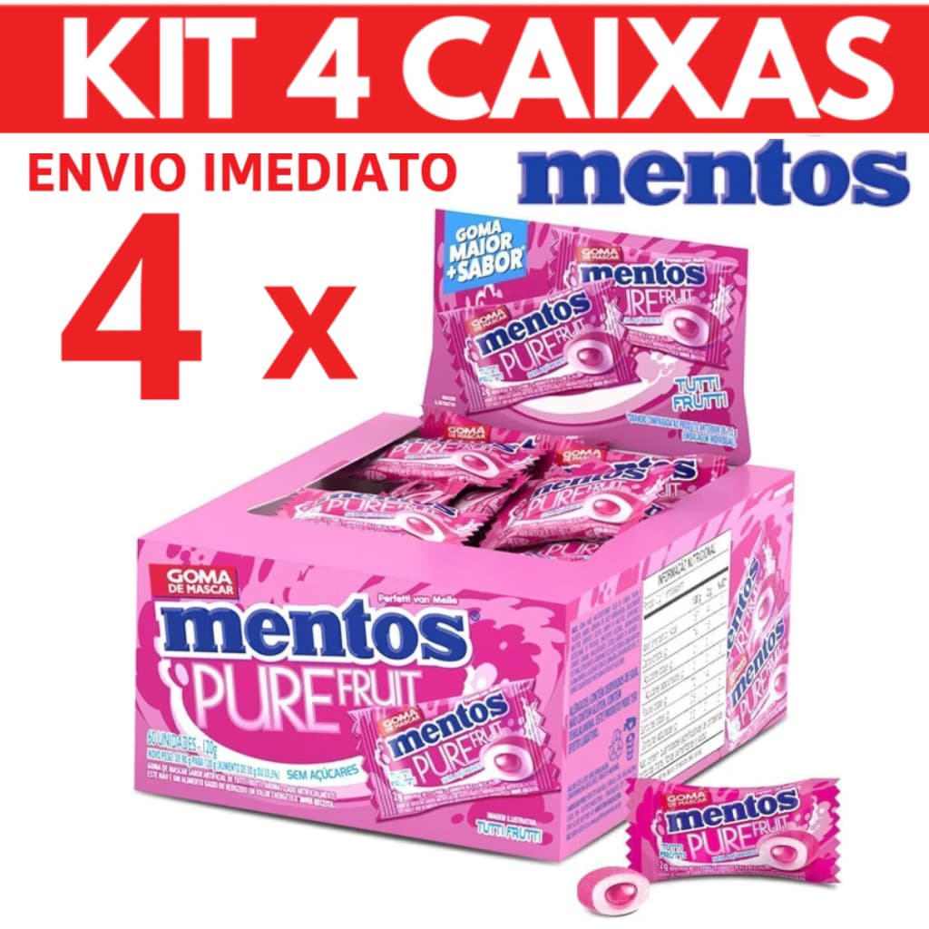 Chiclete Mentos Pure Fruit Tutti-Frutti Kit 4 Caixas 240 Gomas Sem Açúcar