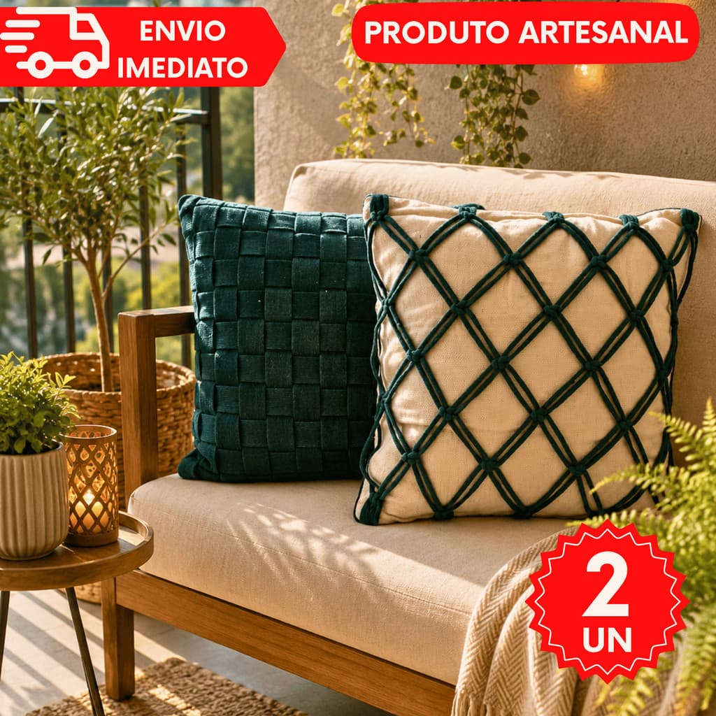 Kit 2 Capas de almofadas Decorativas algodão Pompom Trance Boho Chic Rustica Artesanal Cru