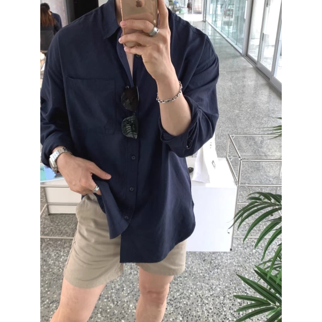 Camisa de pano enrugado de linho de algodão estilo preguiçoso masculina High-End solta de manga comprida protetor solar