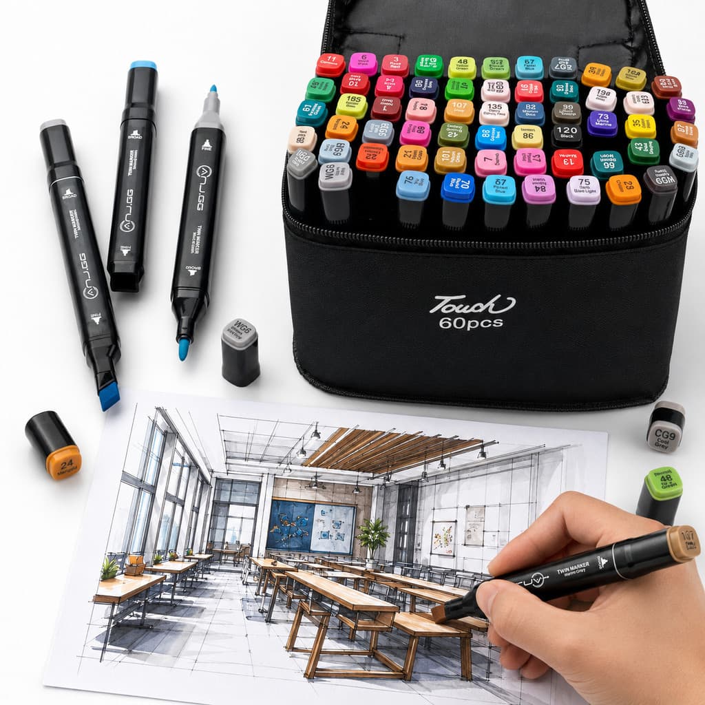 Caneta Touch Marker 60 Cores Profissional Ponta Dupla Estojo Com Zíper Para Estudantes e Arte