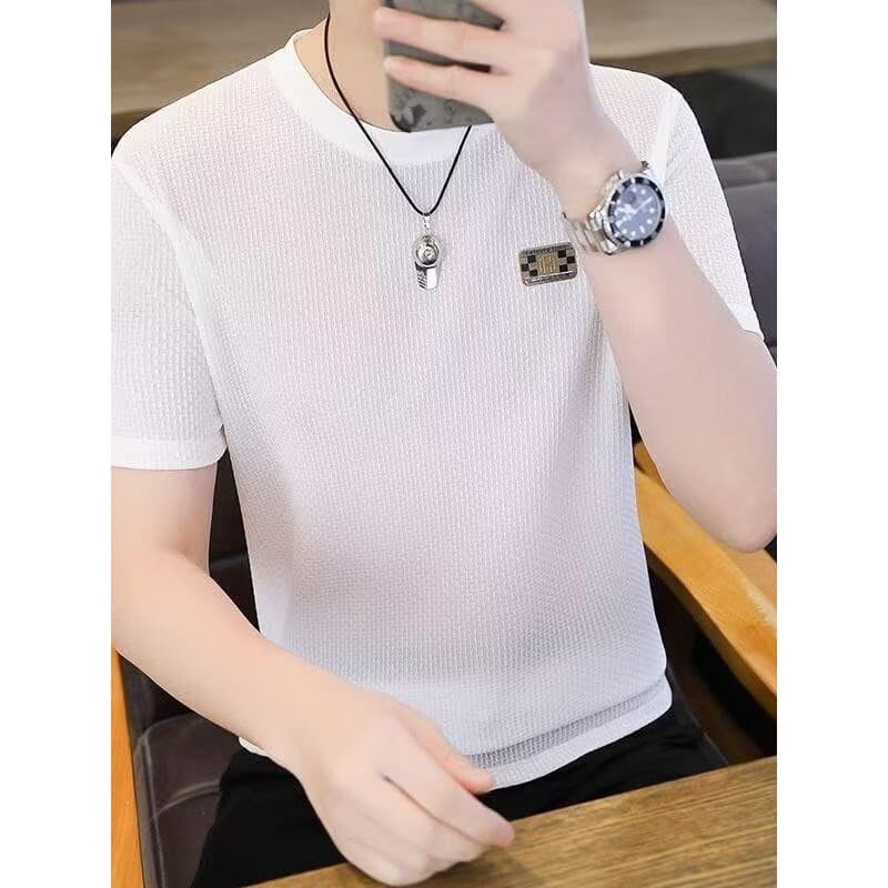 2026 verão novo estilo em torno do pescoço de seda gelo manga curta camiseta comércio exterior masculino Casual respiráv