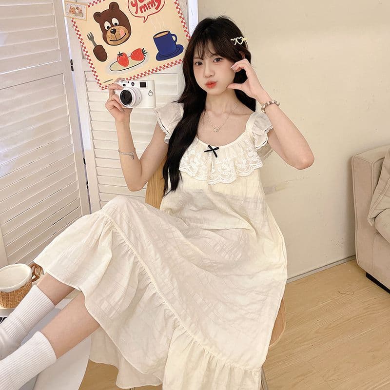 Estilo tribunal francês verão pulôver novo estilo doce renda princesa estilingue pijamas verão camisola serviço de casa
