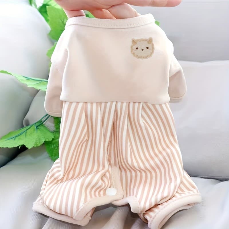 Macacão Listrado em Blocos de Cor, Roupa Protetora de Barriga, Quente para Outono e Inverno, Bordado Fofo, Para Cães Peq