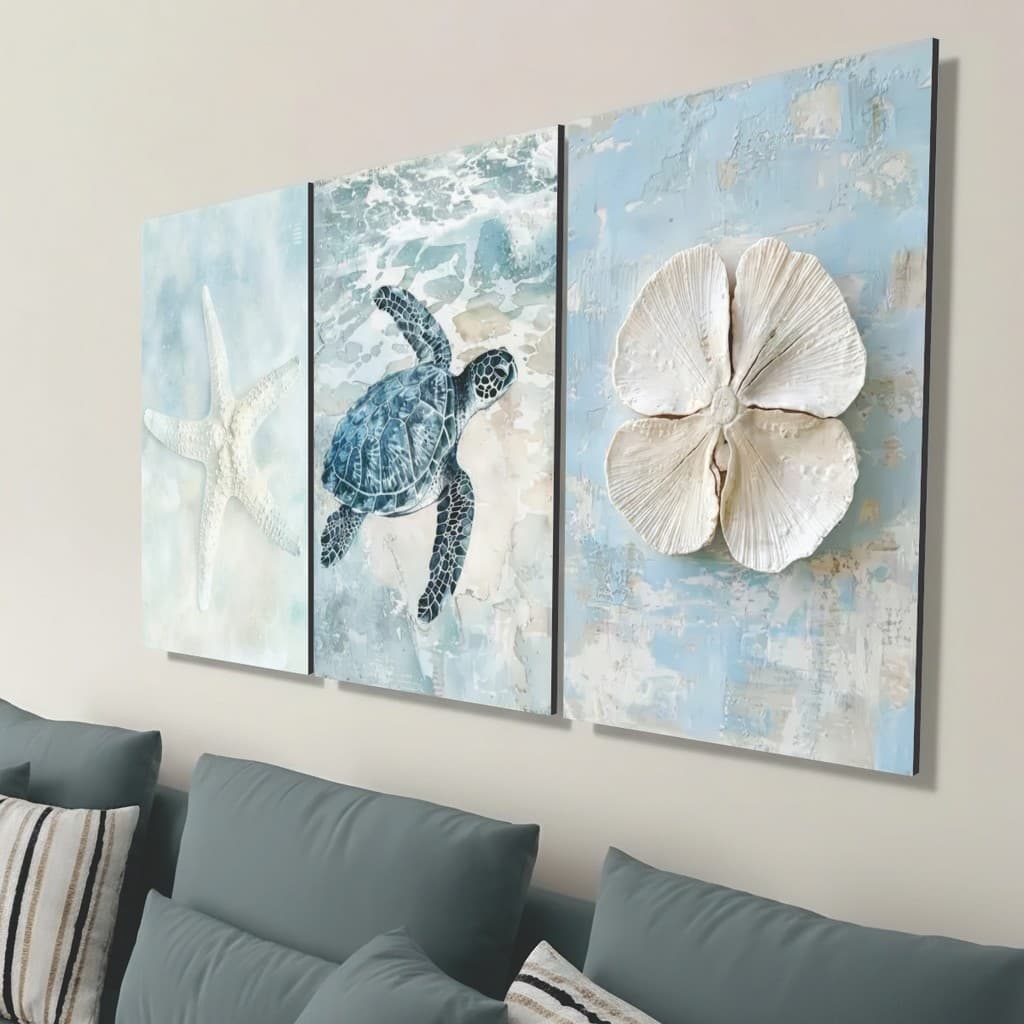 Kit 3 Quadros Animais Marinhos Estrela-do-mar e Tartaruga, Pintura Náutica e Costeira, Praia Azul Sala Estar e Quarto