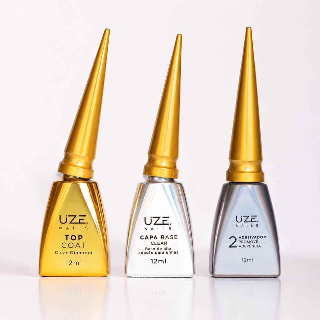Kit Uze Nails Adesivador + Capa Base + Top Coat Unhas Gel Fibra