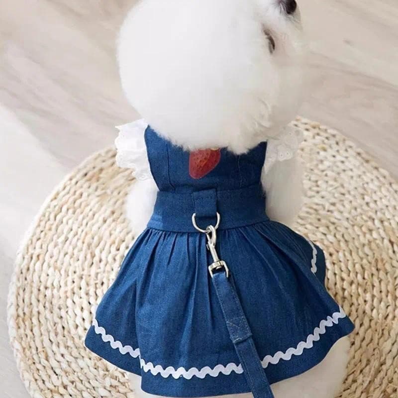 Bonito Cão Jeans Vestido Morango Impressão Rendas Roupas Para Cães De Estimação Chihuahua Bichon Frise Verão Filhote De
