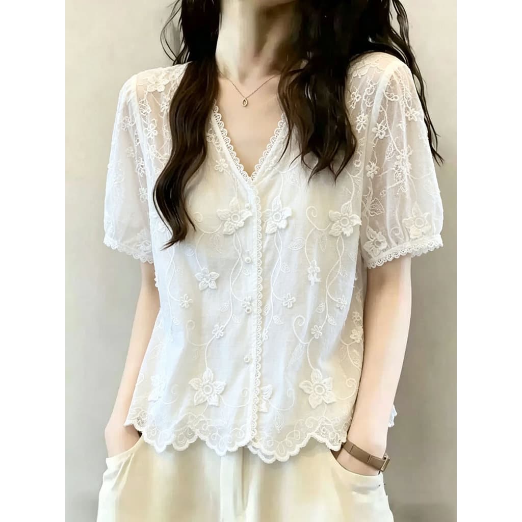 Camisa feminina de manga curta com decote em v de renda bordada verão estilo tribunal francês camisa pequena Bourgeoisie