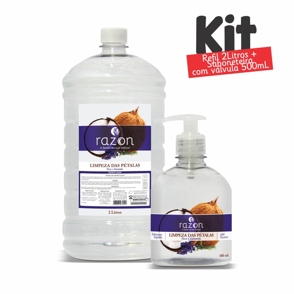 Kit 01 Sabonete Liquido 2L Refil +  01 sabonete liquido 500ml Limpeza das Petalas (Coco com Lavanda) - Razon Cosmeticos