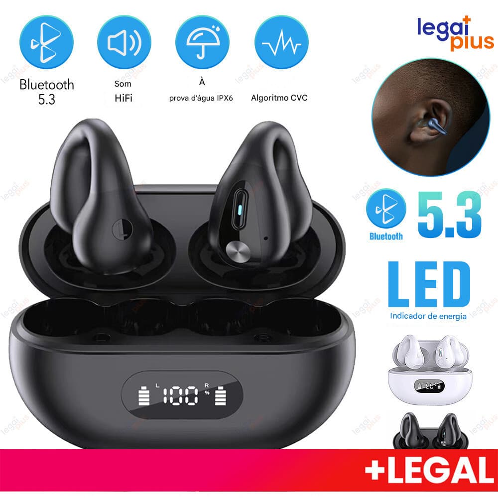 Fone de Ouvido Esportivo Bluetooth 2026 | Clip Auricular, Não Intra-auricular, Autonomia Extra-Longa, Sem Vazamento