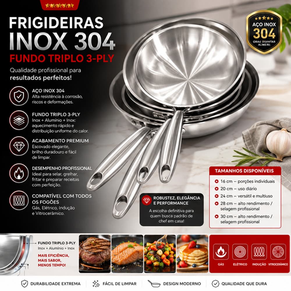 Frigideira Inox 304 Fundo Triplo 16/20/24/28/ 30cm Linha Premium Profissional