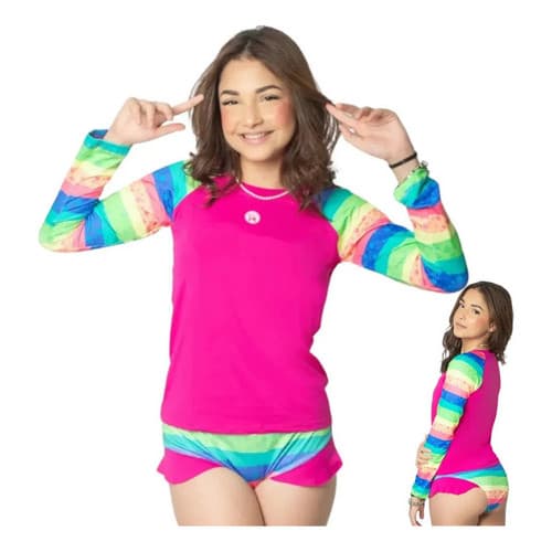 Biquíni Juvenil Infantil Blusa Térmica Manga Longa Proteçao Solar  Uv50+ em Poliamida até 16 Anos