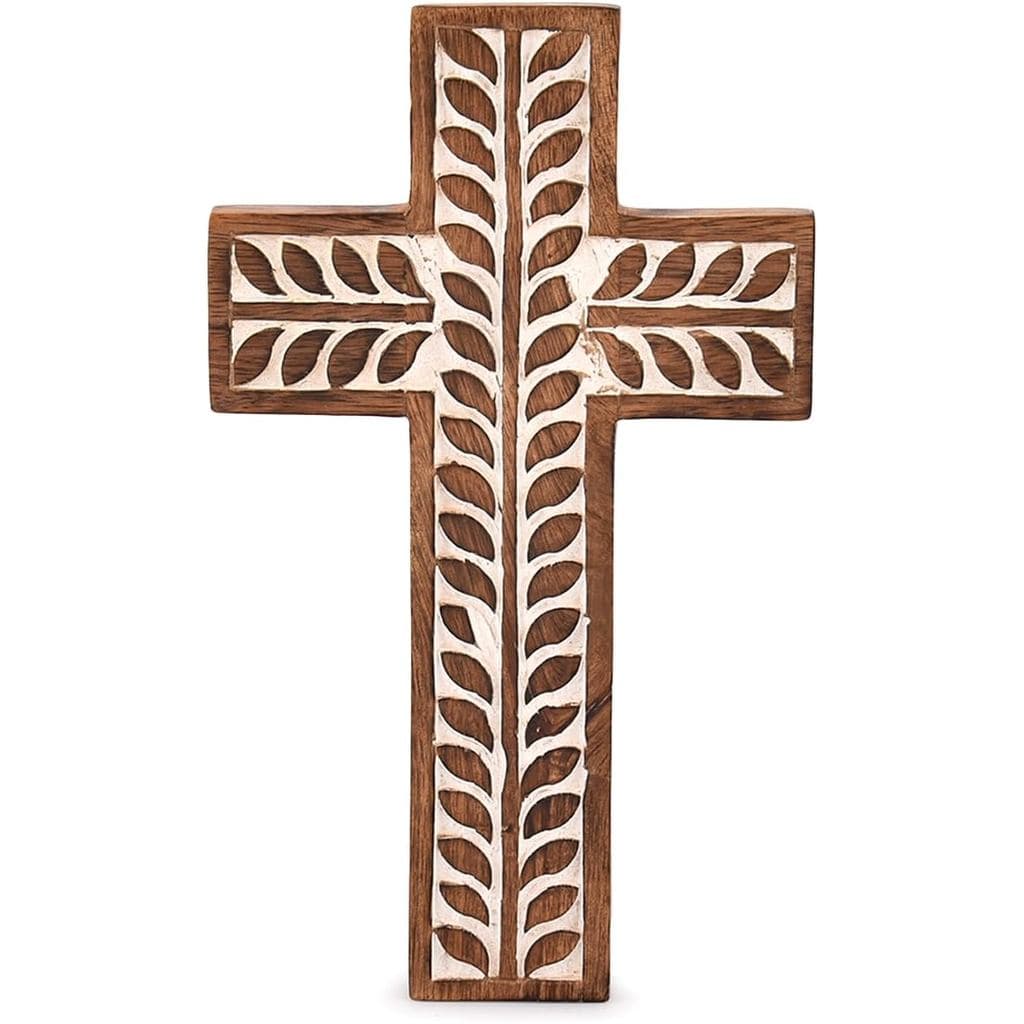 NIRMAN Cruz Religiosa de Madeira de Mangueira com Entalhes Florais para Pendurar na Parede, Decoração para Sala de Estar