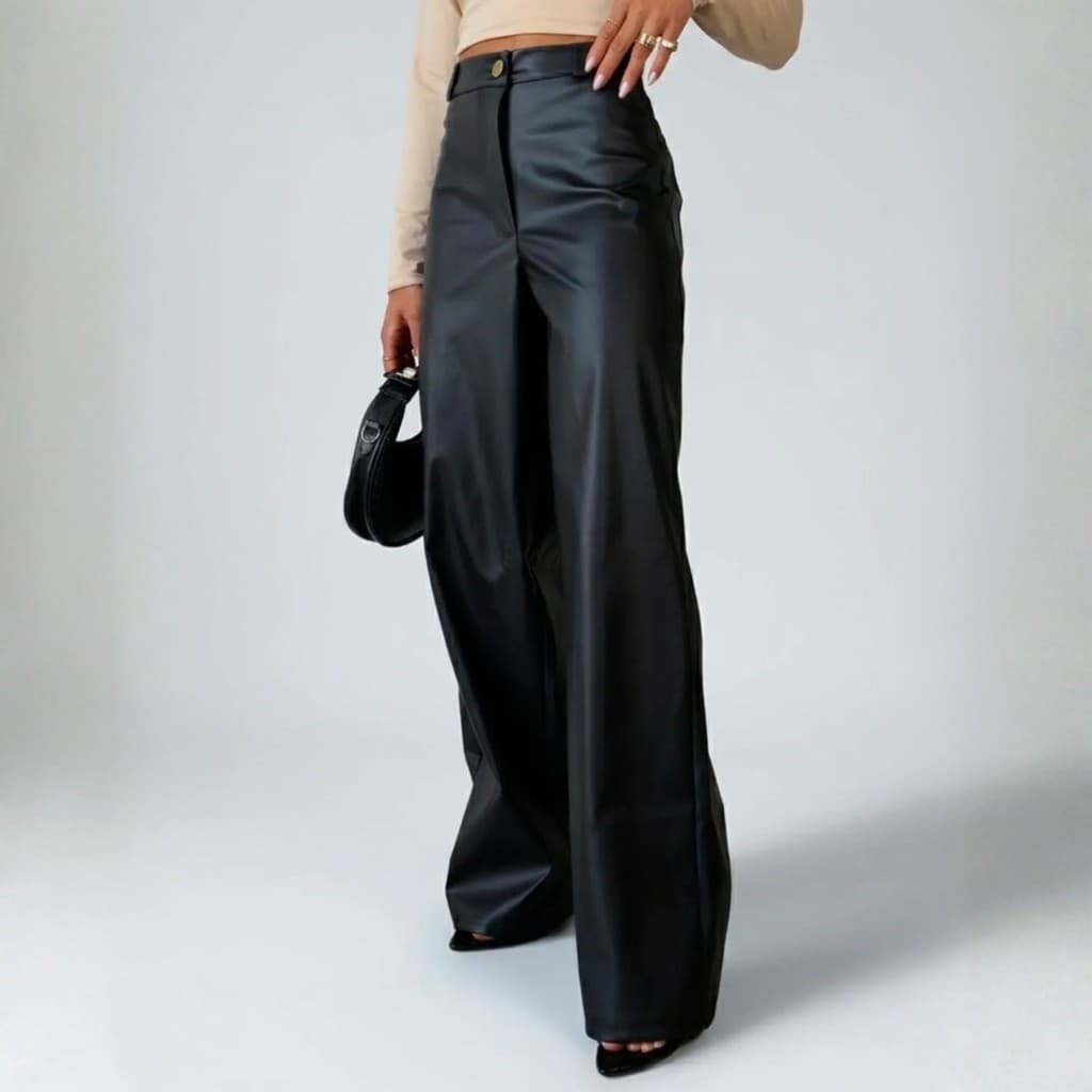 Calça Feminina Cintura Alta Wide Leg Pantalona com Bolso Couro Premium Preta Fake