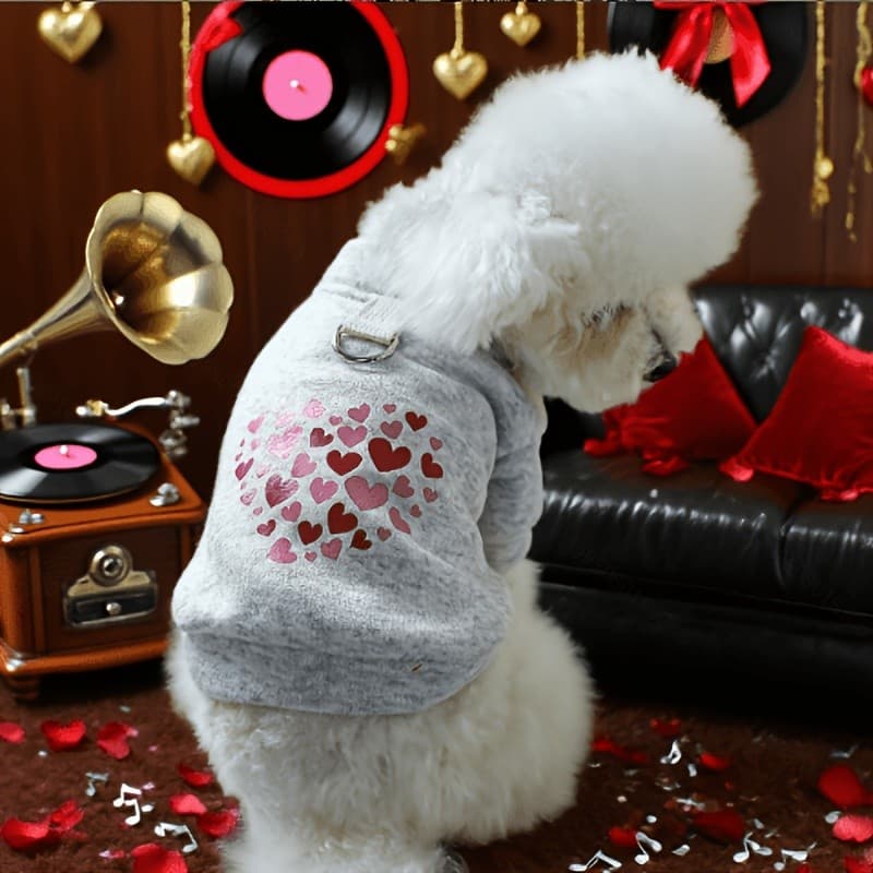 Roupas para Cães Estilo Dia dos Namorados, Cheias de Amor, Moletom Cinza Claro com Botões, Roupas Quentes para Outono e