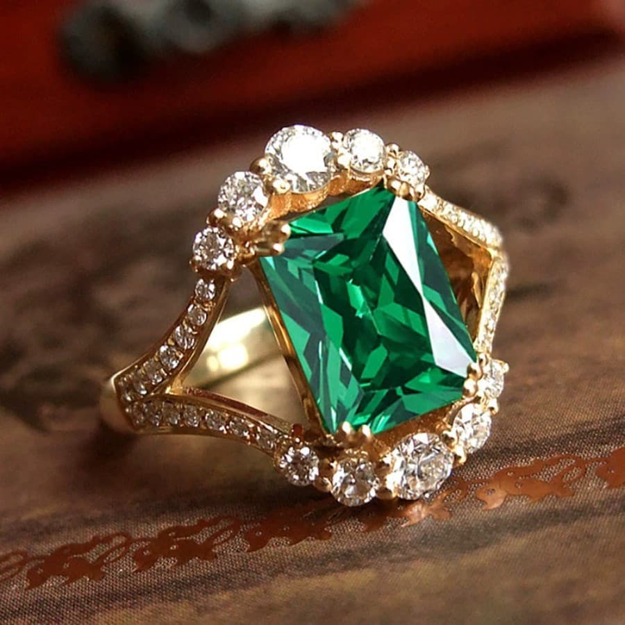 Anel decorativo de liga Vintage, anel de noivado feminino, pedra preciosa sintética verde, acessórios de diamante geomét