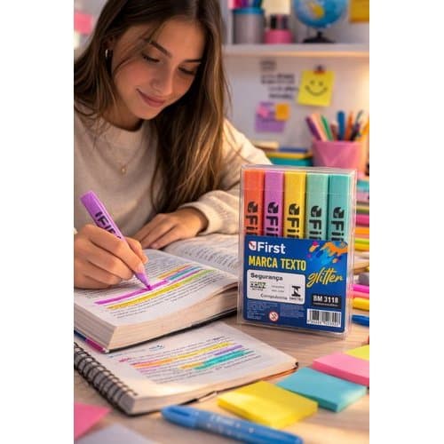 Conjunto 4 Marca Texto Glitter Colorido Alta Pigmentacao Estudos Anotacoes Artes Manuais