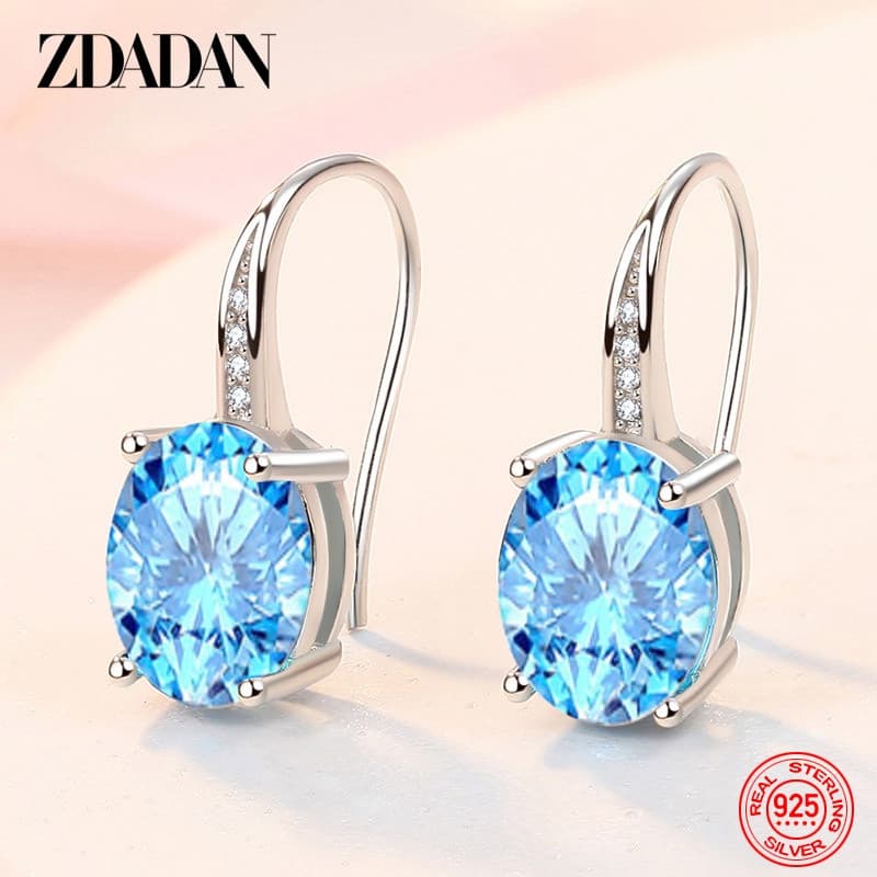 ZDADAN Brincos de cristal azul Oval em prata 925, joias da moda feminina
