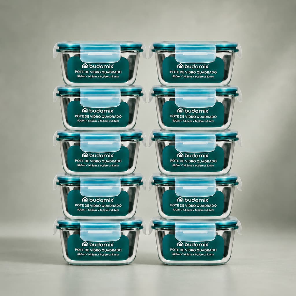 Kit Pote Hermético Vidro Quadrado 520ml Budamix 2 4 6 10 Un Tampa Trava Geladeira Freezer Marmita