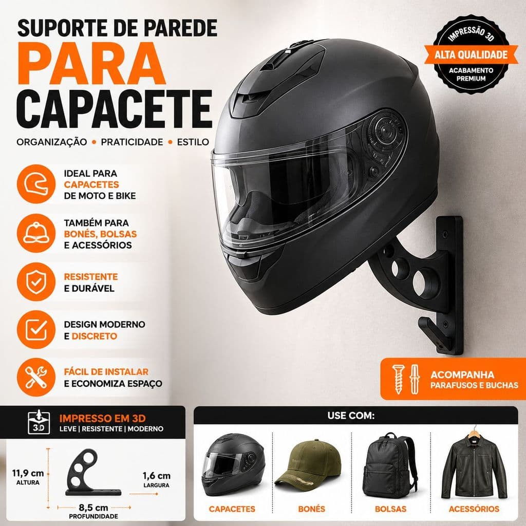 Suporte De Parede Para Capacete Moto Bike Boné Bolsa Acessórios Organizador 3D Resistente Preto