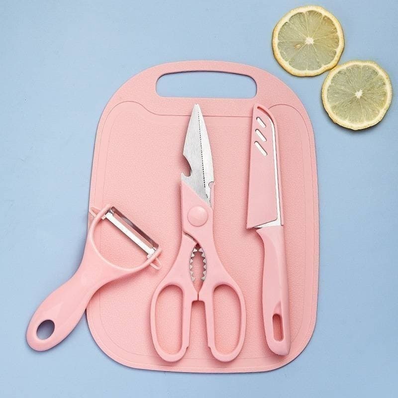 Kit 4 Utensílios Inox Descascador Tábua Cortador Faca Tesoura Conjunto Preparo Alimentos Cozinha
