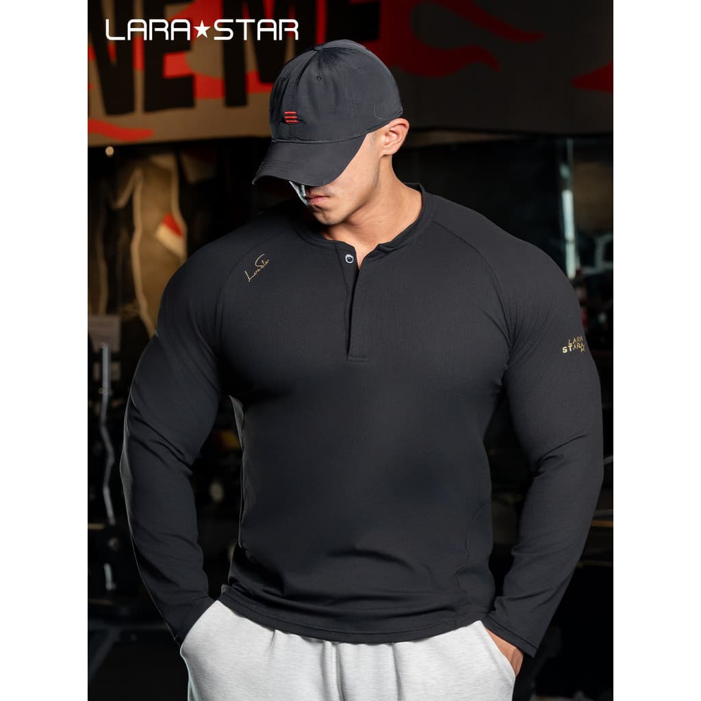 Laura Star LS1547 Camiseta masculina primavera outono respirável esportes lazer Fitness de manga comprida camisa Henry