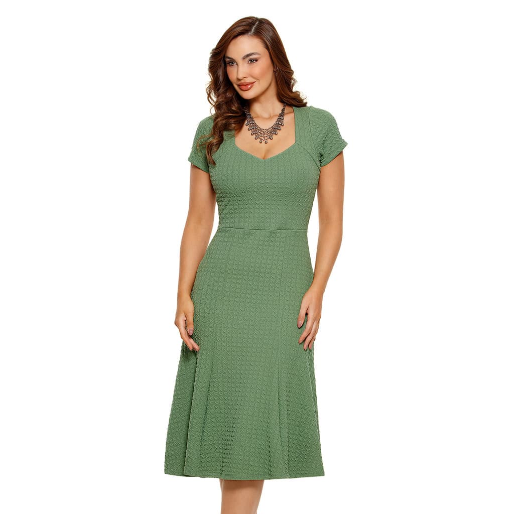 Vestido Midi com Decote V e Saia Evasê – Moda Feminina