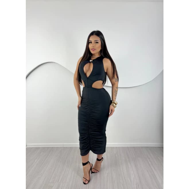 Vestido Midi Drapeado Suplex Recorte Lateral Decote Profundo Justo Sensual Elegante Feminino Festa Noite Fashion