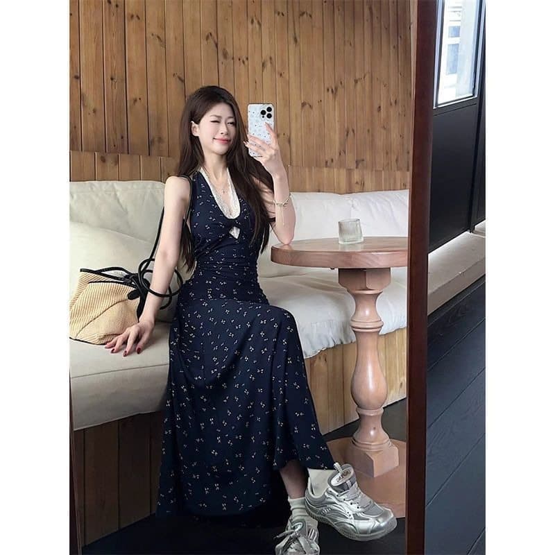 Verão novo estilo Retro renda costura Halter vestido feminino estilo francês chique cintura estreita atada Floral vestid