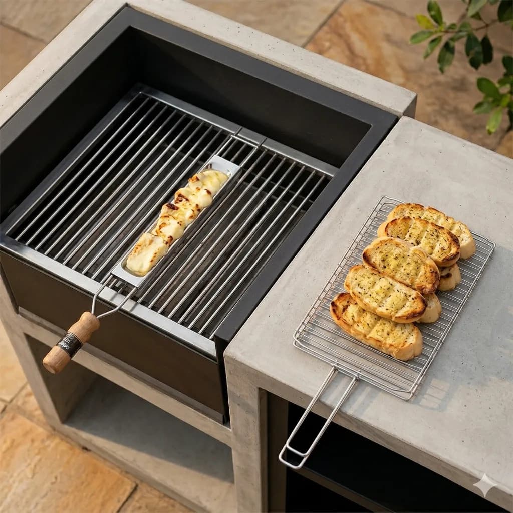 Kit Grelha Churrasco Pão de Alho e Espeto para Queijo Grilazer Aço Cromado Cabo Madeira Grill