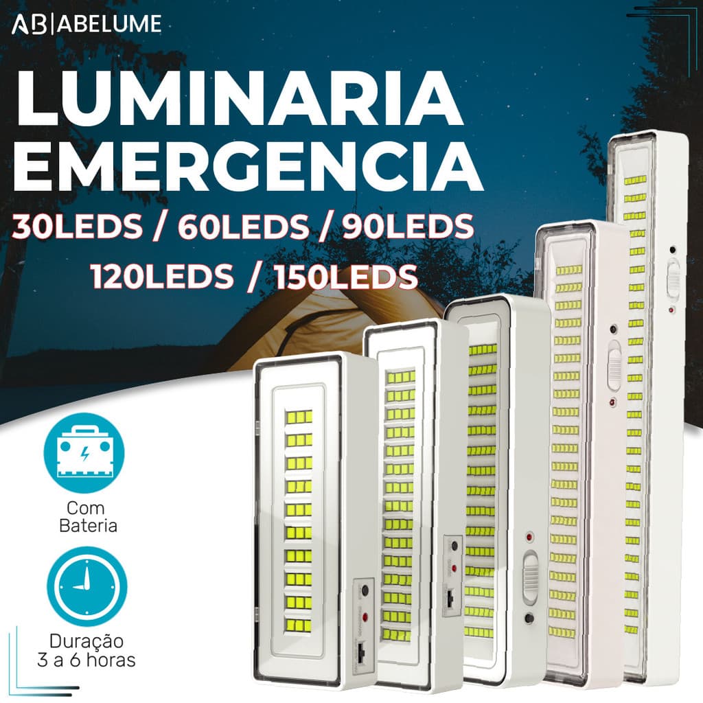 Luminária Emergência Lâmpada 150, 120, 90, 60 ou 30 Leds Recarregável Bivolt Luz Branca Fria