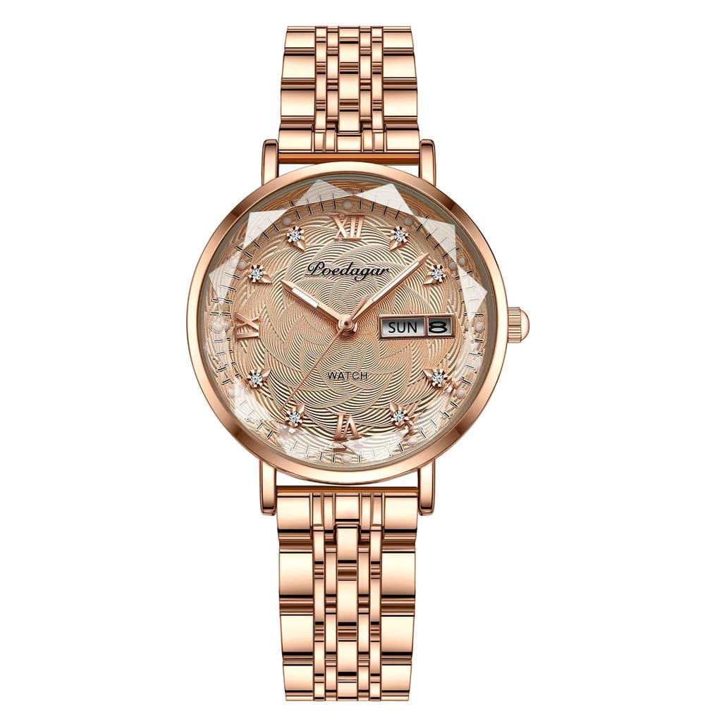 POEDAGAR Elegante Relógio Feminino De Luxo À Prova D'água Luminosa Data Semana Senhoras De Pulso De Quartzo De Aço Inoxi