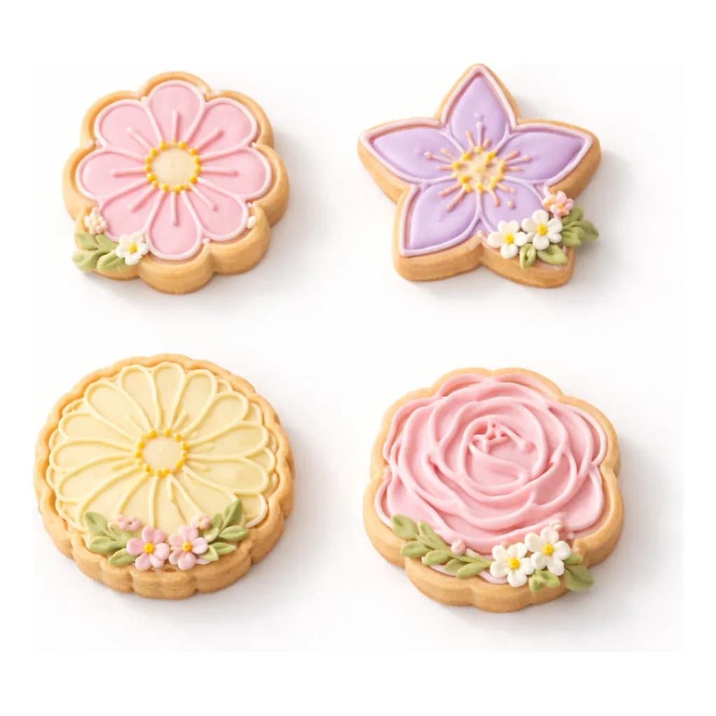 Kit Cortador de Biscoito Flores 4 Peças 6cm Marcador 2 em 1 Biscuit Pasta Americana