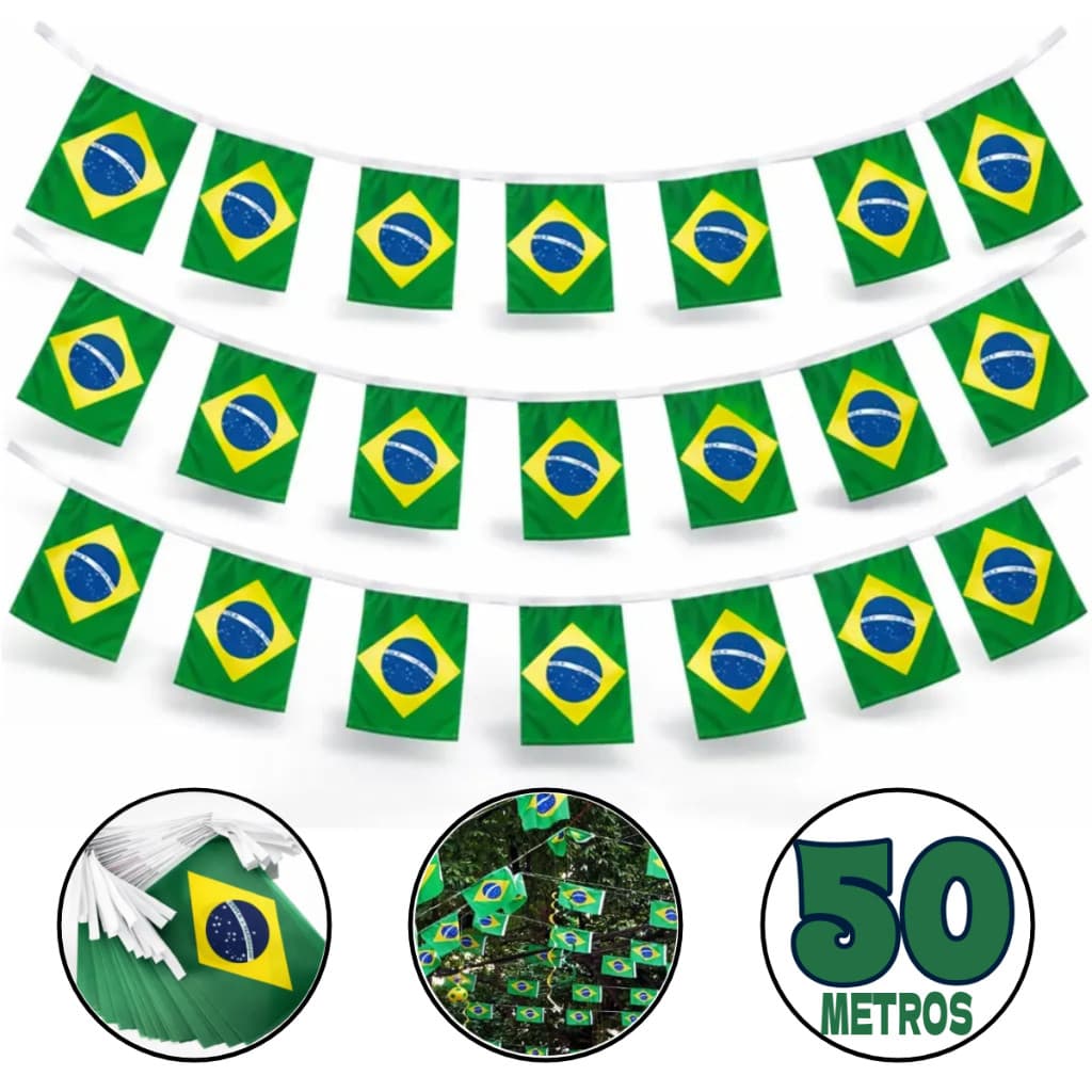 Bandeirinhas do Brasil Copa do Mundo 2026 Varal de Bandeiras plástica- 20 Bandeirinhas - 10 Metros Cada Varal