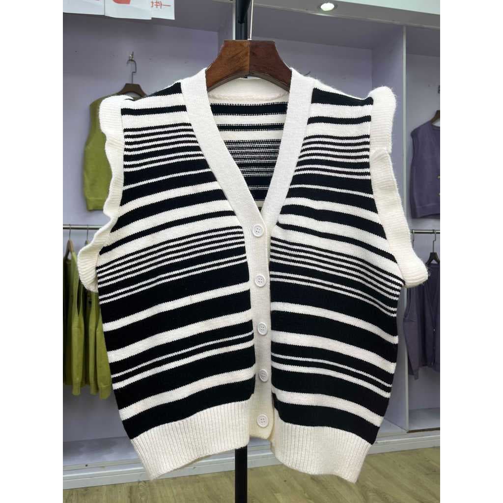 644 2024 novo estilo de malha Cardigan colete listrado babados em camadas sem mangas superior malhas colete feminino